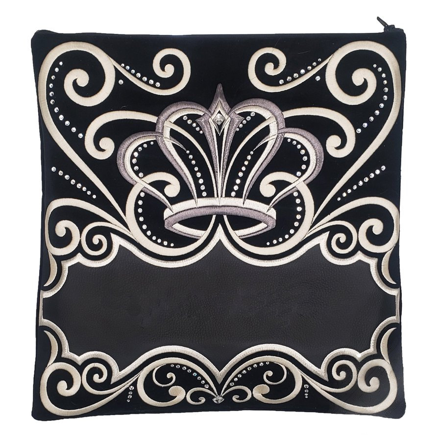 Tallis Bag Design MC 1330 - Black Leather and Black Velvet with Silver Embroidery