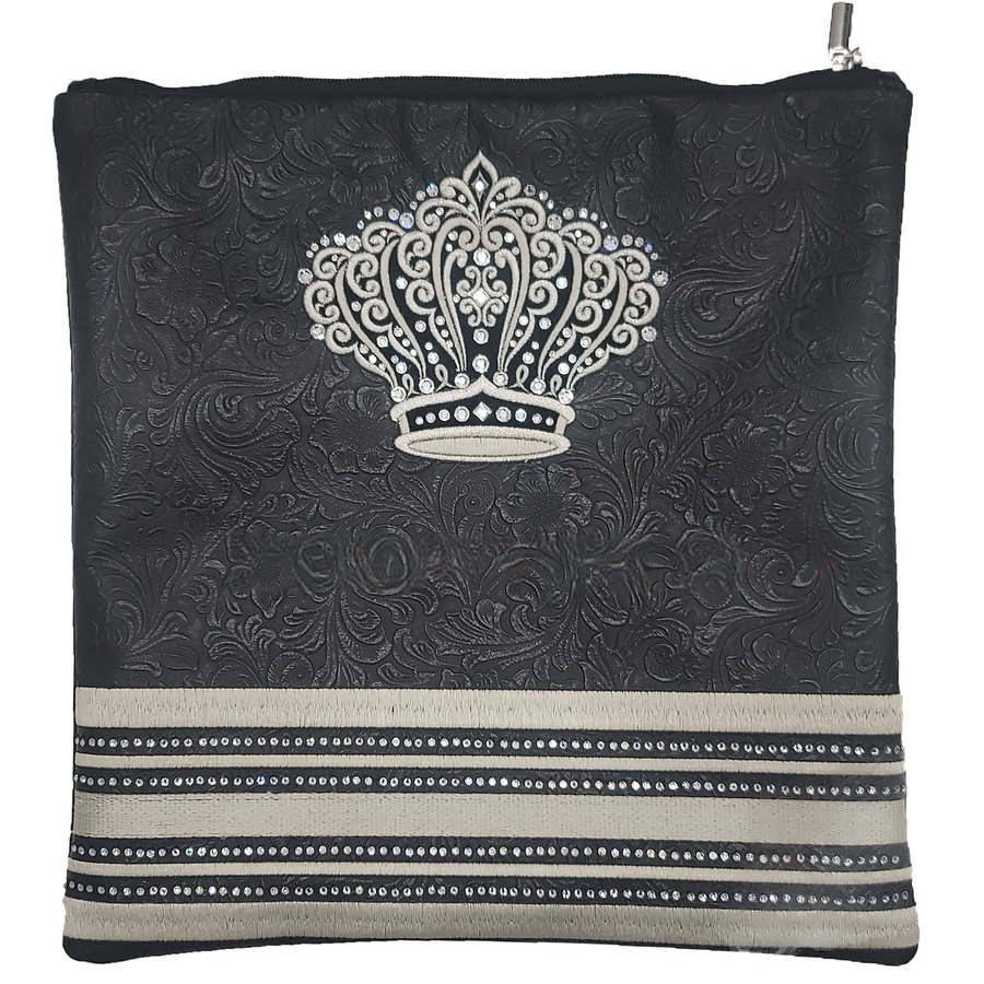 Tallis Bag Design MC 1413 - Black Embossed Leather with Silver Embroidery