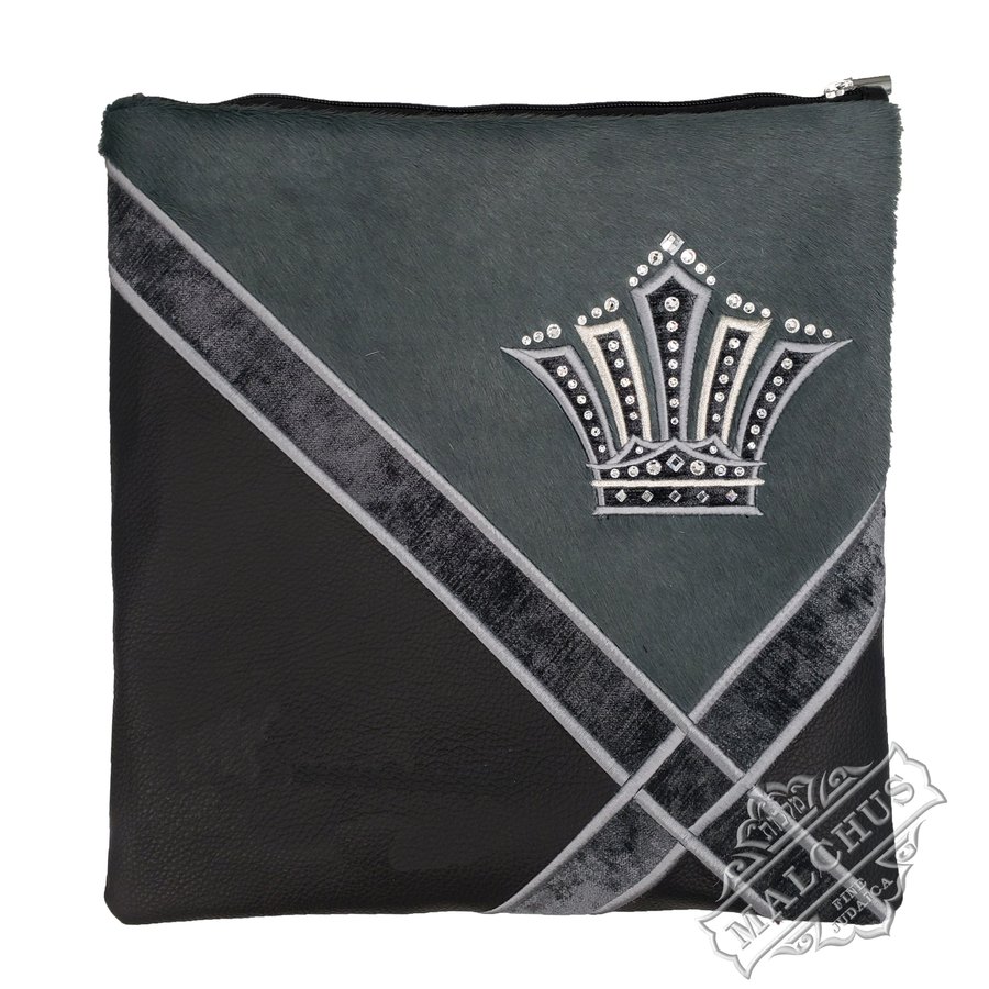 Tallit bag in black leather and grey fur, design MC 1430