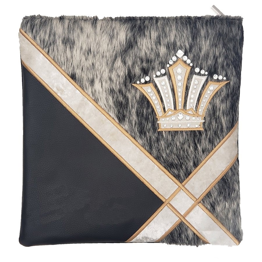 Tallit bag in black leather and black & white speckled fur, design MC 1430