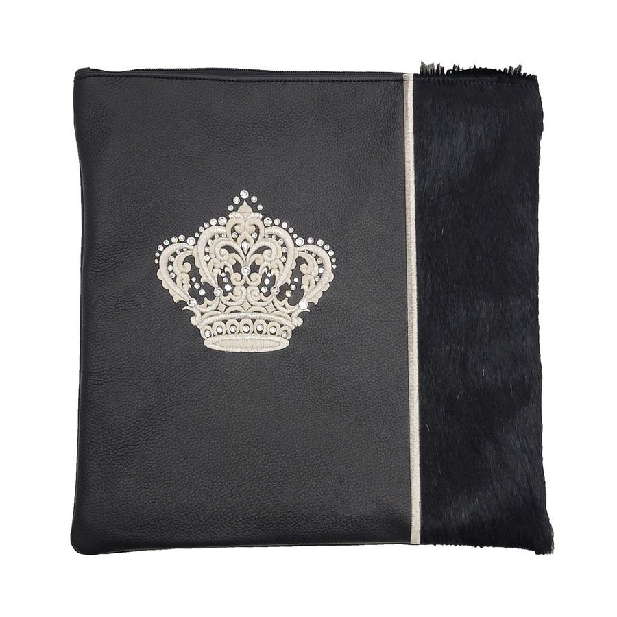 Tallit bag in black leather and black fur with silver crown, design MC 2039