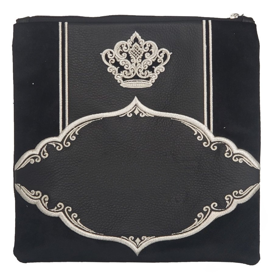 Tallit bag in black leather and black velvet with silver embroidery, design MC 2052