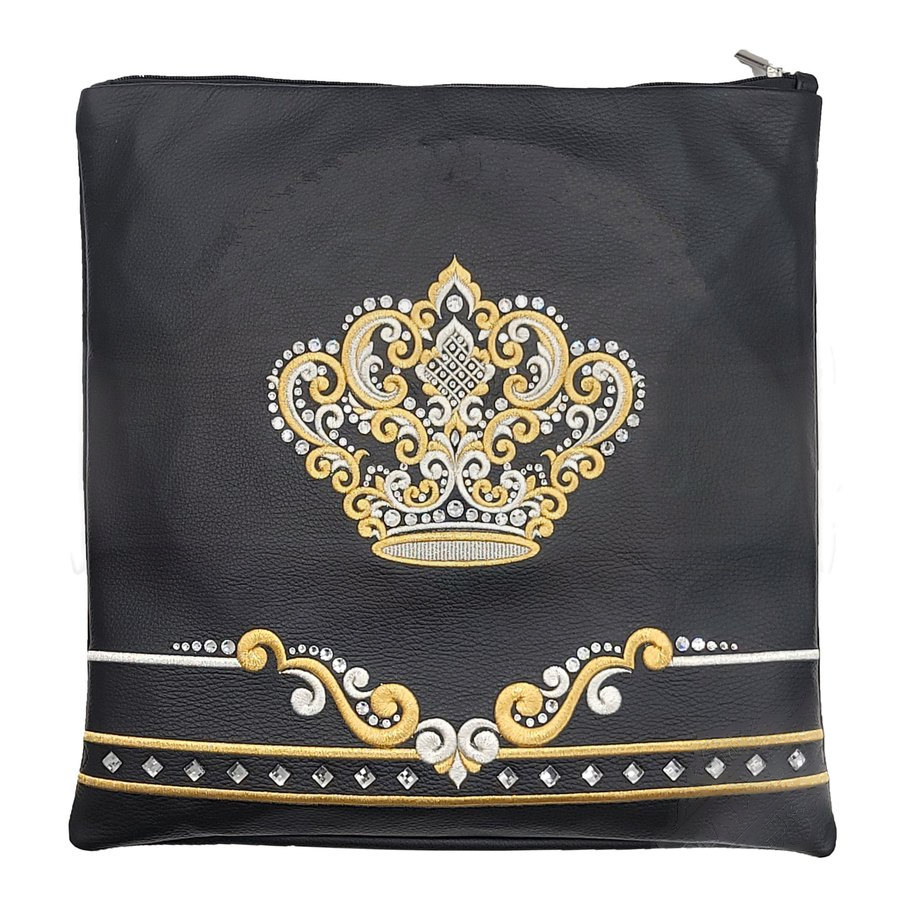 Tallit bag in black leather with gold embroidery and crystals, design MC 2057