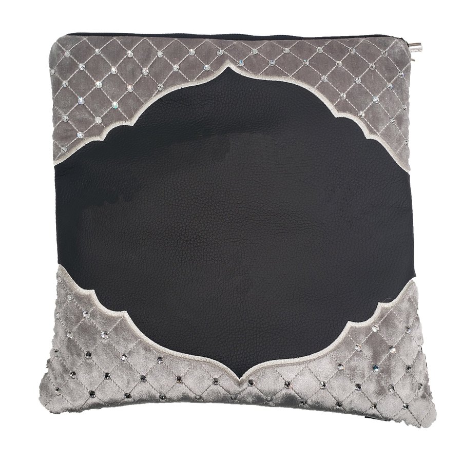Tallit bag in black leather and grey quilted velvet, design MC 3009