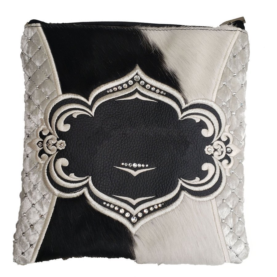 Tallit bag in black leather, black & white fur and white velvet, design MC 3019