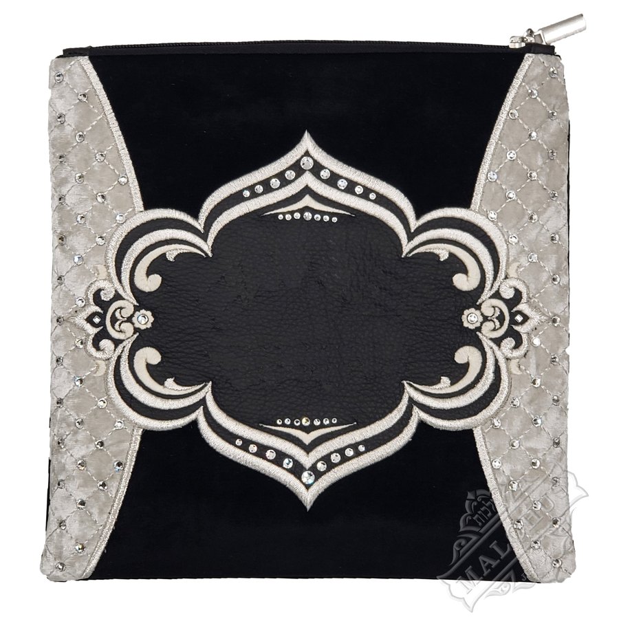 Tallit bag in black velvet and black leather, design MC 3019