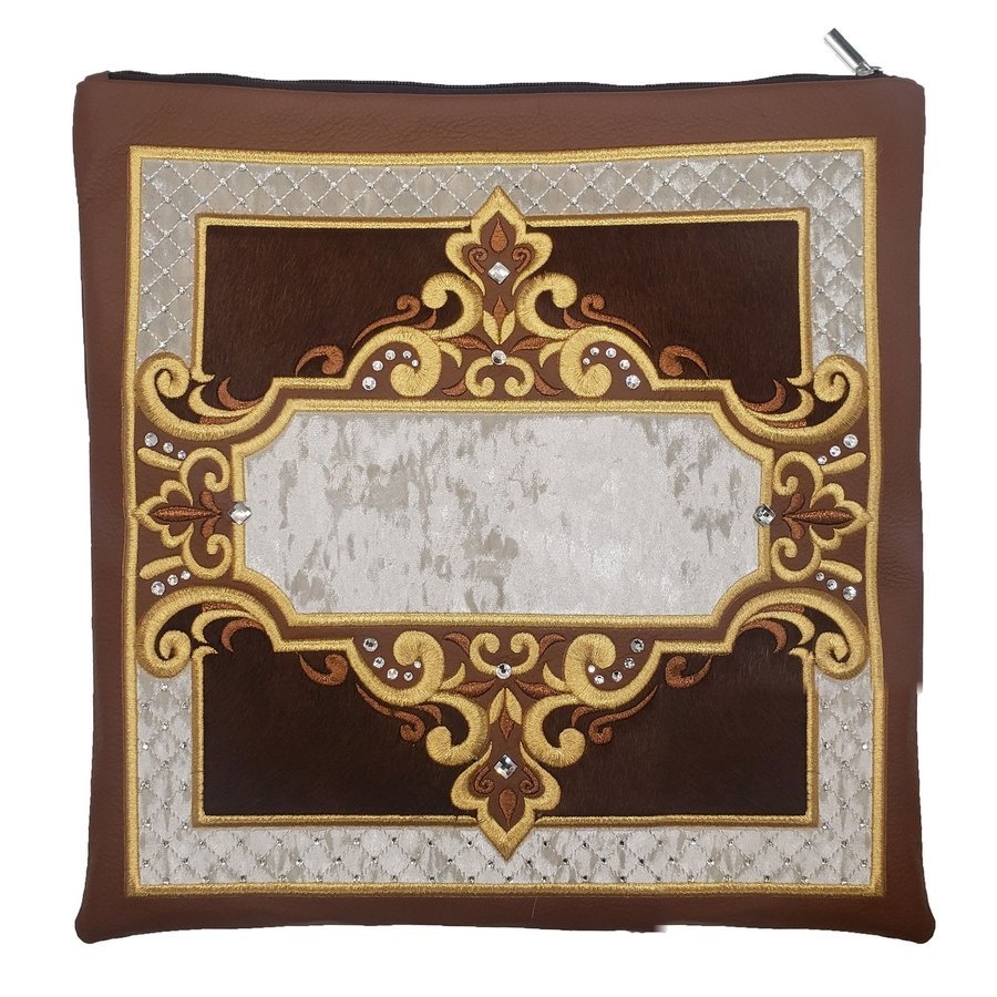 Tallit bag in brown leather, brown fur and white crushed velvet, design MC 3020
