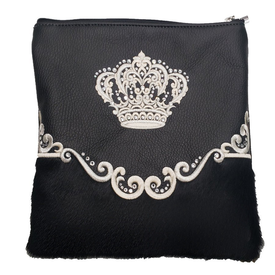 Tallit bag in black leather and black fur, design MC 4010