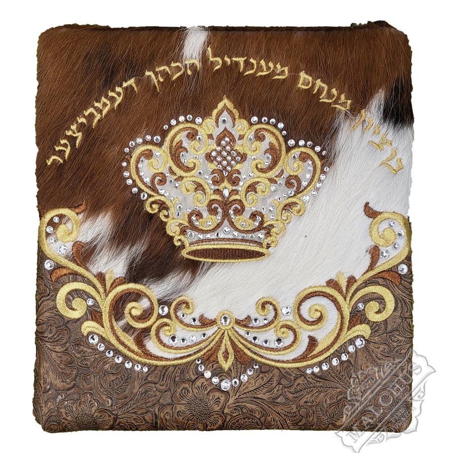 Tallit bag in brown & white fur and brown floral leather, design MC 4023