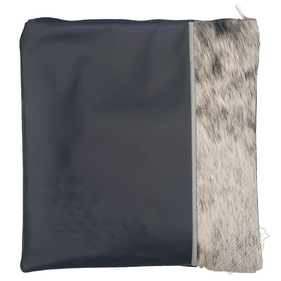 Tallit bag in grey leather and grey and white speckled fur, design MC 5013