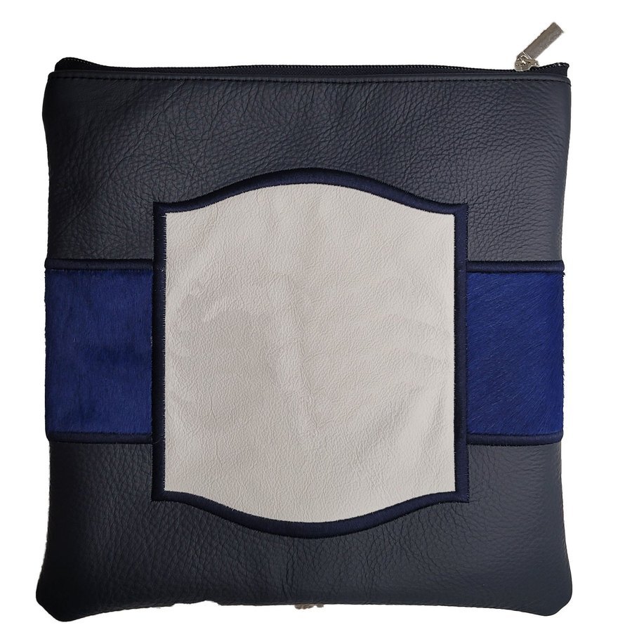 Tallit bag in navy leather and blue fur, design MC 5022
