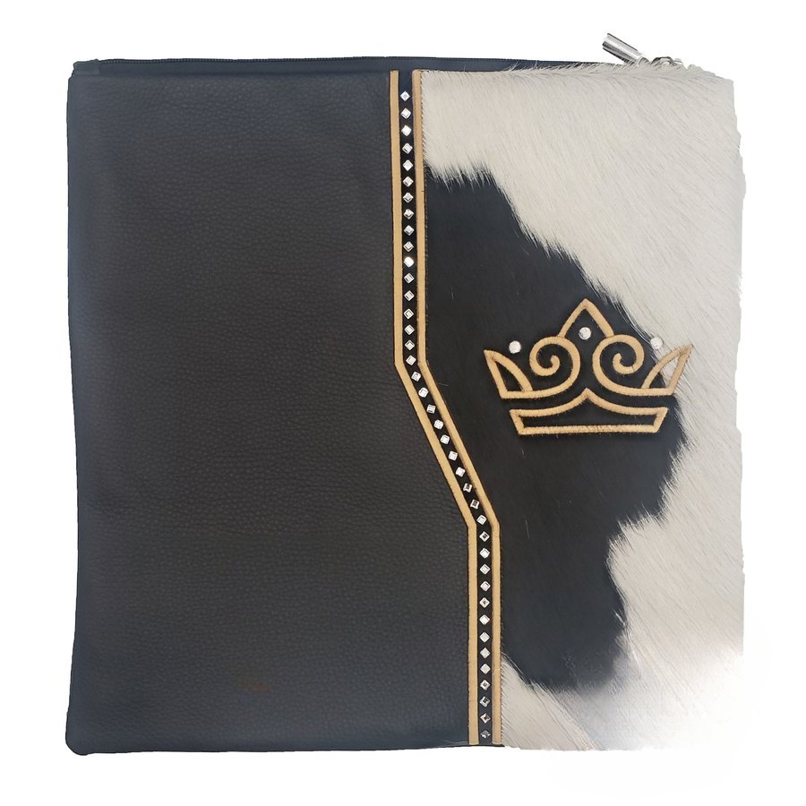 Tallit bag in black leather, velvet and black & white fur, design MC 5036