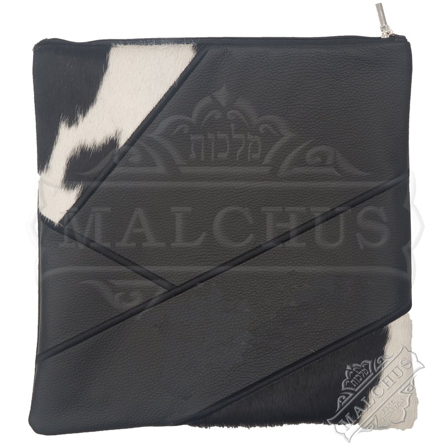 Tallit bag in black leather and black & white fur, design MC 5062