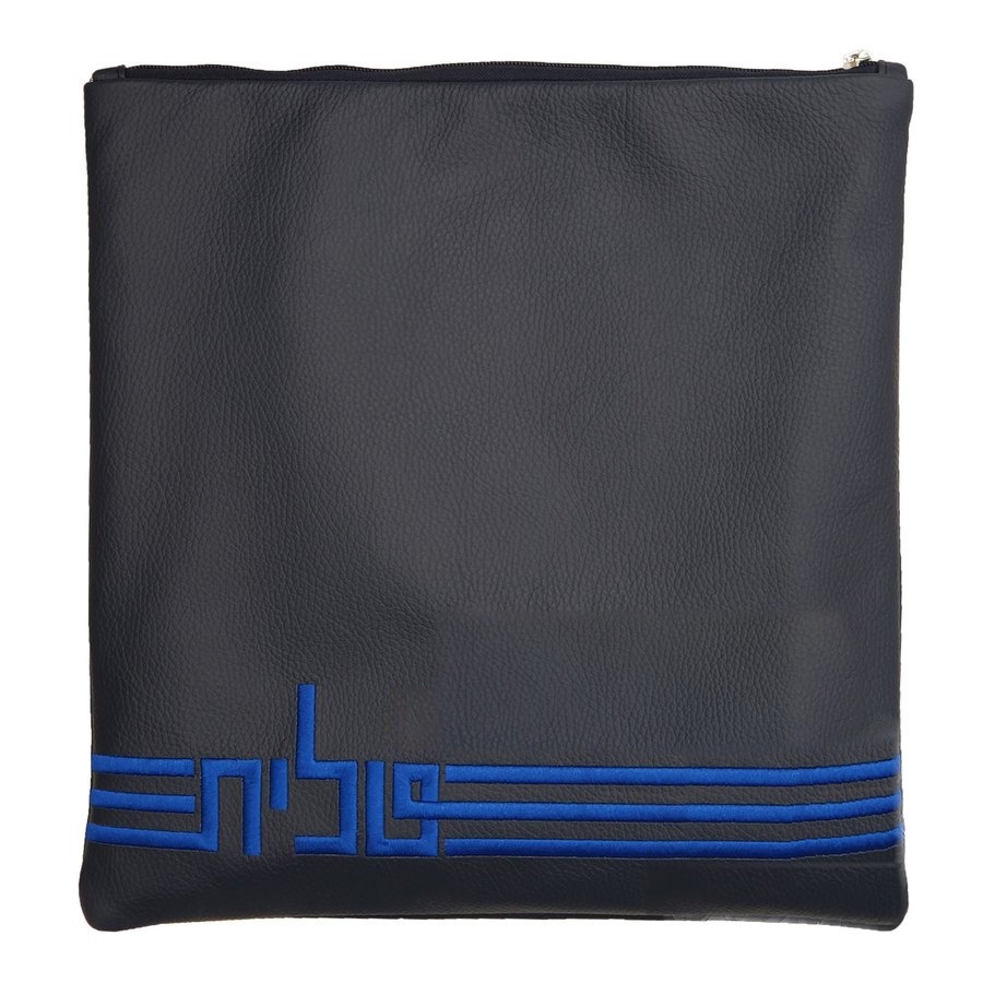 Tallit bag in black leather with blue embroidery, design MC 1315