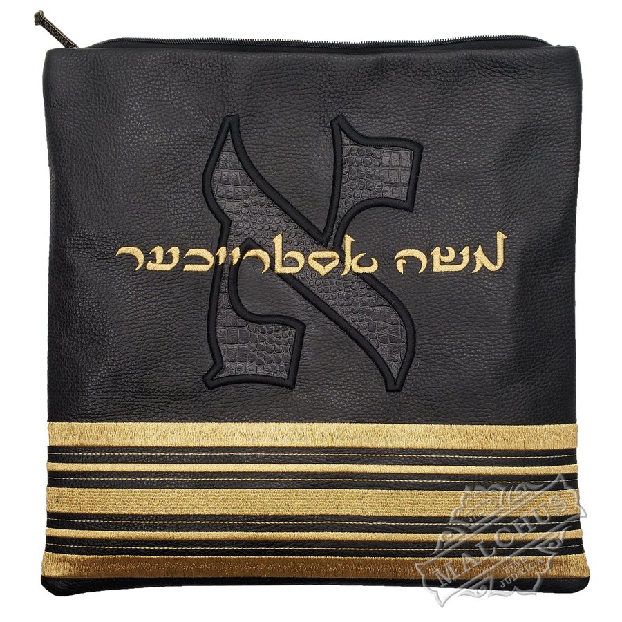 Tallit bag in black leather with gold embroidery, design MC 1412