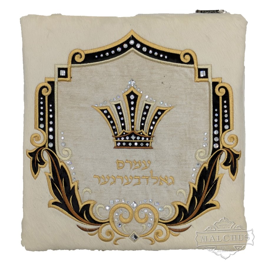 Tallit bag in cream fur with black and gold frame and crown, design MC 2115
