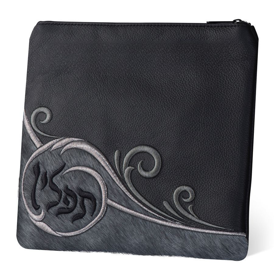 Tallis and Tefillin Bag Design 367 - Black Leather and Fur – Grey