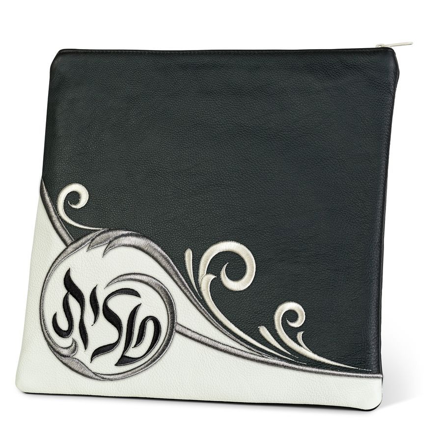 Tallis and Tefillin Bag Design 367- Black Leather Two Tone – White
