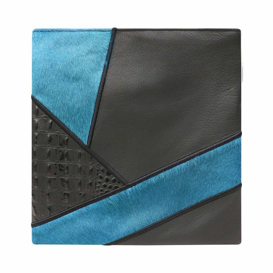 Tallis and Tefillin Bag Design 383 - Black Leather and Fur – Sky Blue