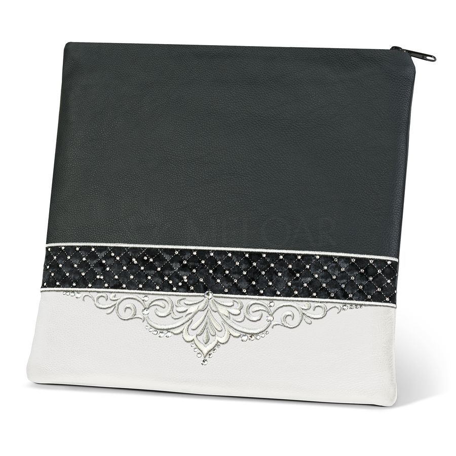 Tallis and Tefillin Bag Design 323- Black and White Leather – Black