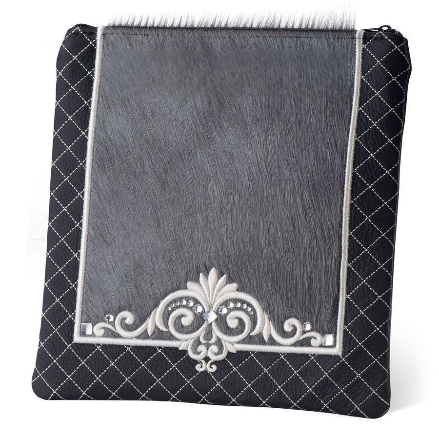 Tallis and Tefillin Bag Design 385 - Black Leather and Fur – Grey